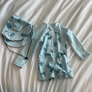 0-3 Month Light Blue Turtle Print Long-Sleeve Swim Suit with Sun Hat
